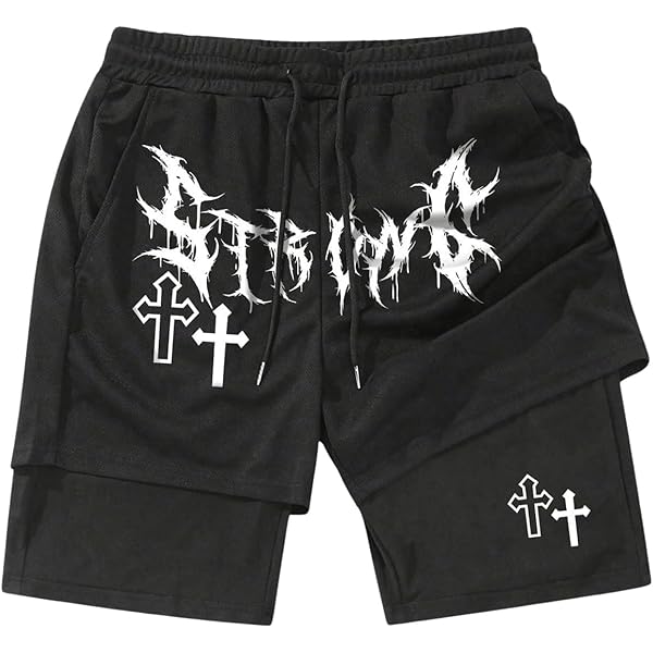 VIPWOLF Men's Goth Cross Graphic Drippy Shorts Drawstring